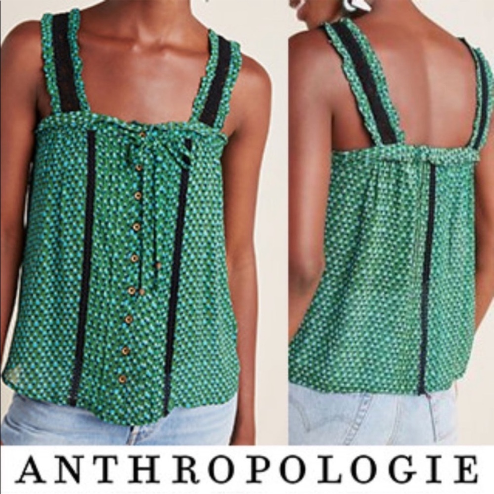 Anthropologie green and blue Bardot button up tank top